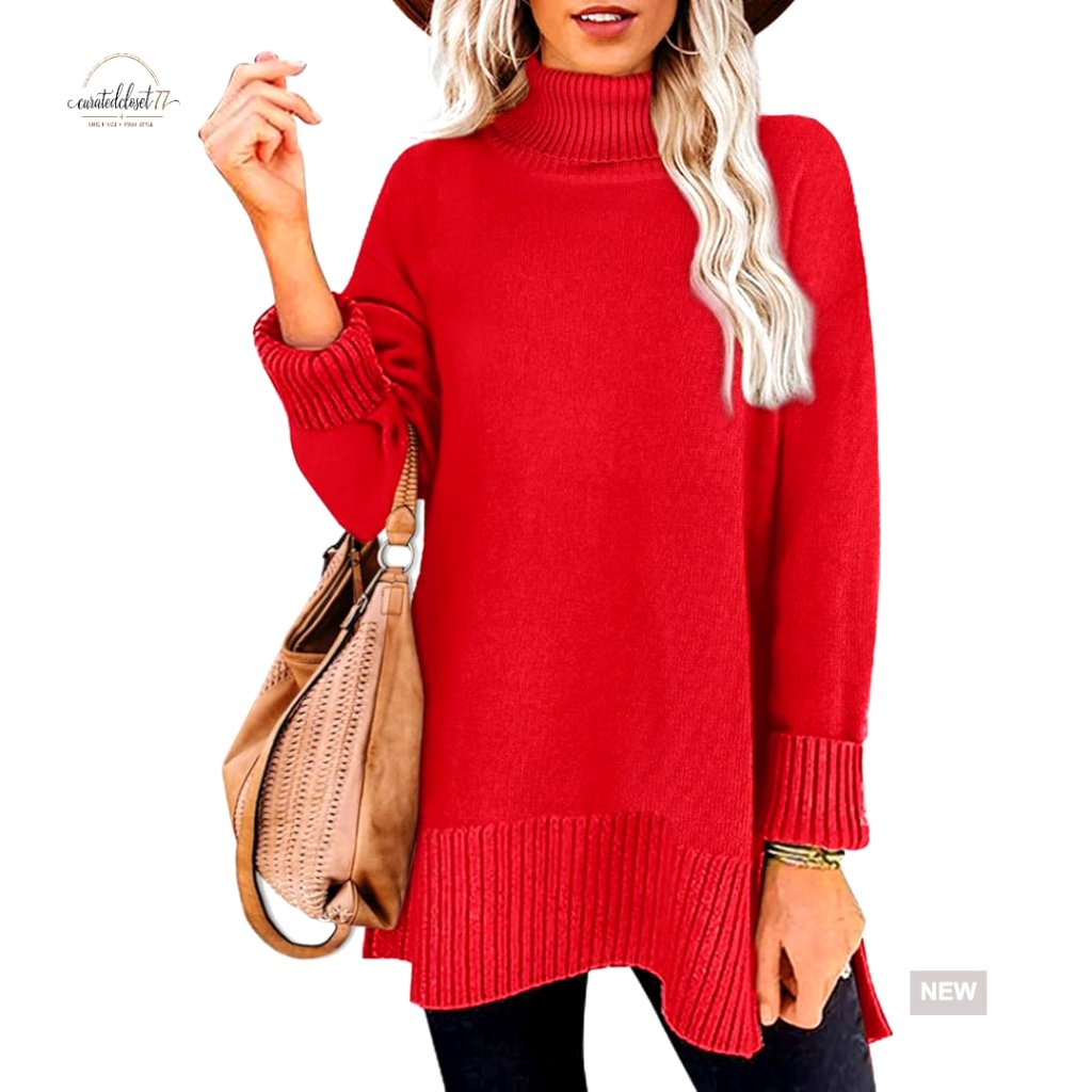 Oversized Turtleneck Pullover Sweater Side Split Hem Long Sleeve